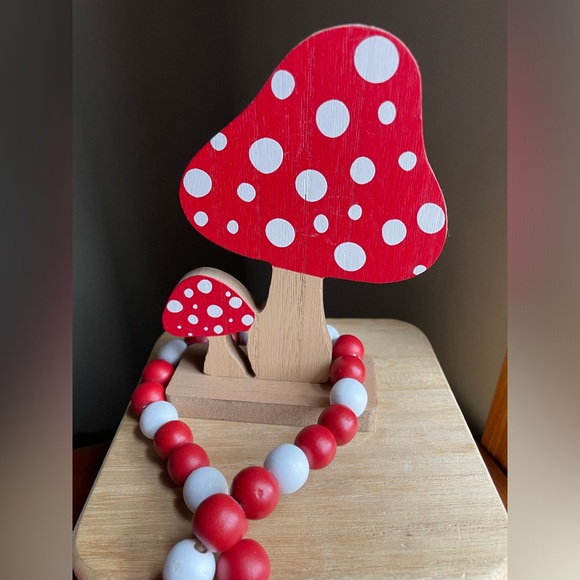3 Piece Mushroom Decor Beaded Garland, Pot Holder and Wood Stand - Picture 2 of 12